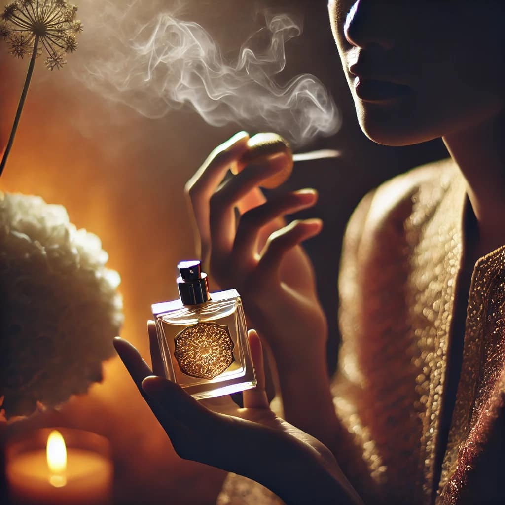 A sensual and elegant moment of a woman applying perfume, with a soft mist of fragrance in the air. The warm lighting enhances the allure, symbolizing the invisible power of scent in attraction.