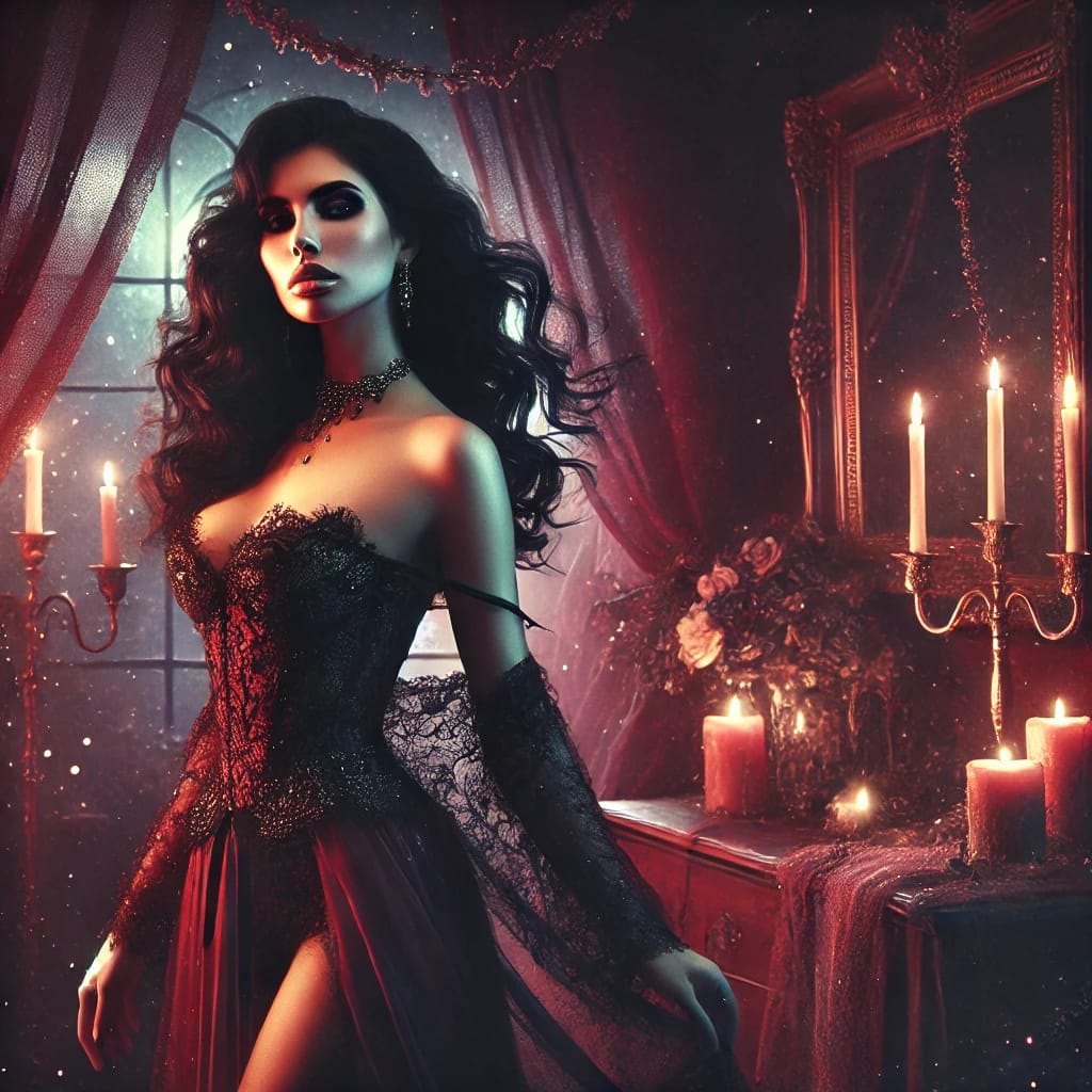 A mystical and ethereal digital artwork symbolizing dark feminine energy, featuring an enchanting female figure surrounded by moonlight, shadows, and magical elements.