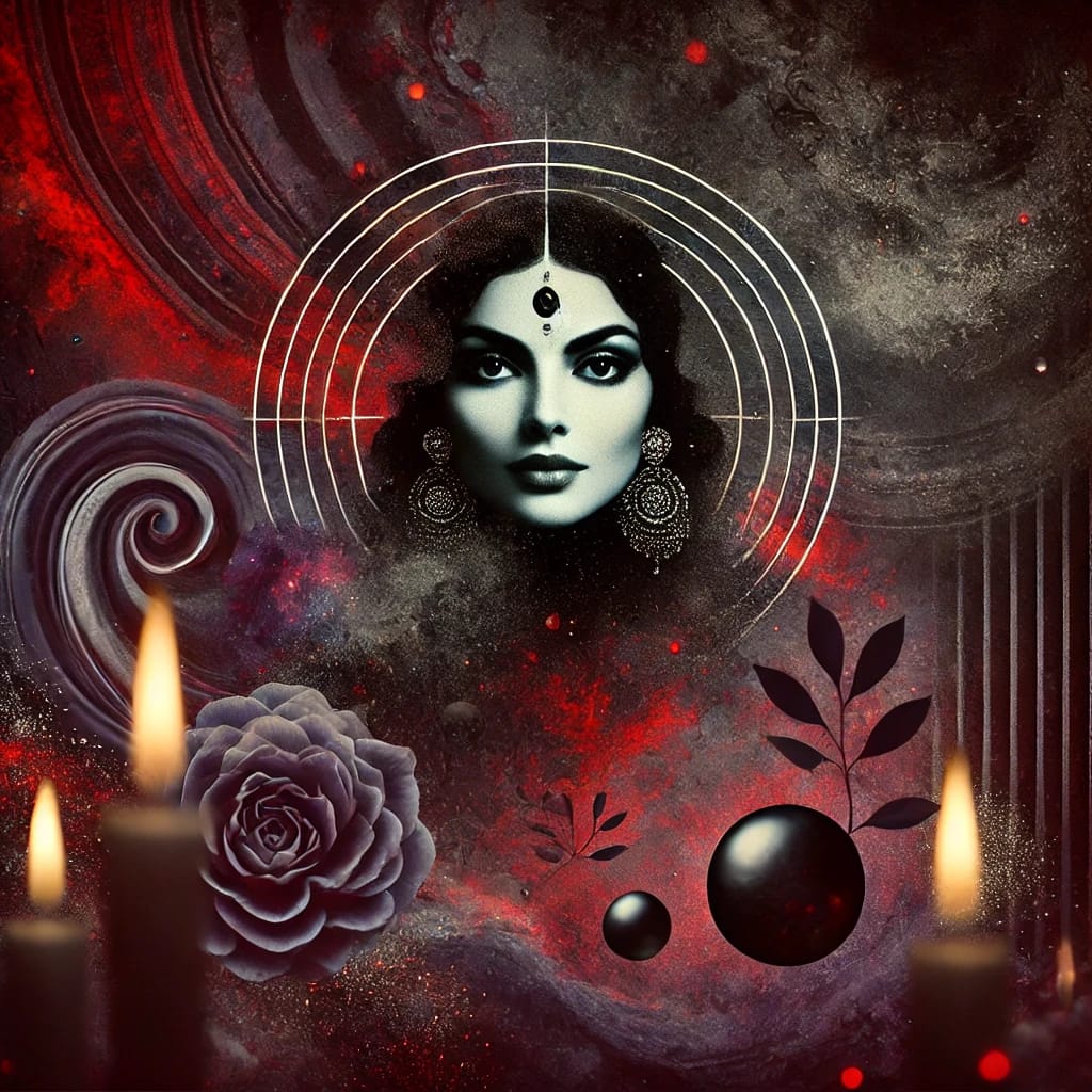 A surreal digital painting of the Seductress dark feminine archetype, featuring a mysterious woman with flowing hair in red and black tones, symbolizing allure, sensuality, and magnetic confidence.