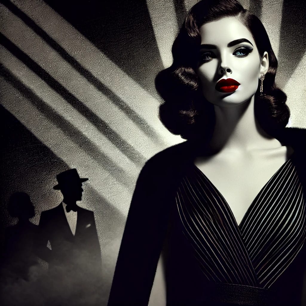 A shadowy and glamorous digital illustration of the Femme Fatale archetype, portraying dark feminine energy through confidence, allure, and mystique.