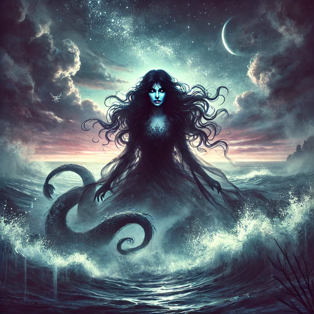 A mesmerizing digital illustration of the Siren archetype, embodying dark feminine energy through oceanic mystery, seduction, and power.
