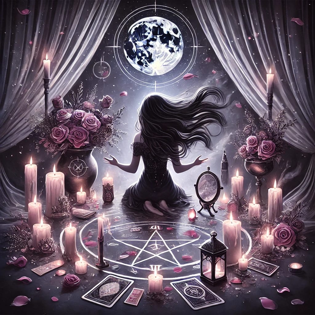 Mystical ritual scene depicting dark feminine energy practices, with candlelight, moon symbols, and a powerful woman in shadow and silk performing a sacred ritual.