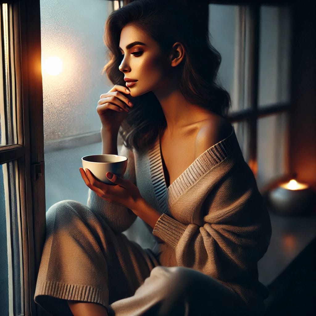 A realistic photo of a woman in her early 30s sitting on a windowsill at dusk, holding a cup of tea and gazing out thoughtfully. The scene conveys introspection, emotional depth, and quiet feminine energy.