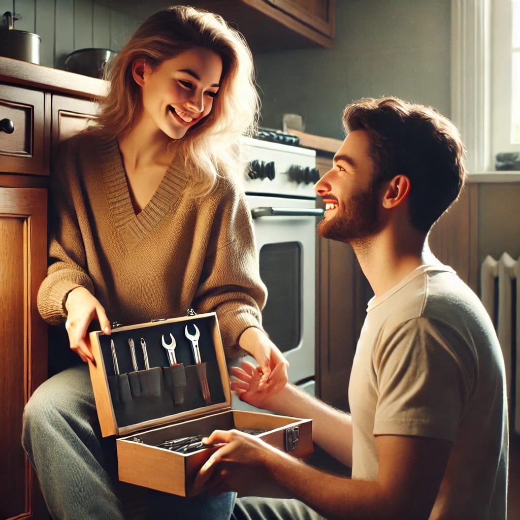 A realistic photo of a couple in their early 30s in a cozy kitchen. The woman hands a toolbox to the man as he repairs a cabinet, showing how to trigger the hero instinct in a man through trust, appreciation, and emotional partnership.