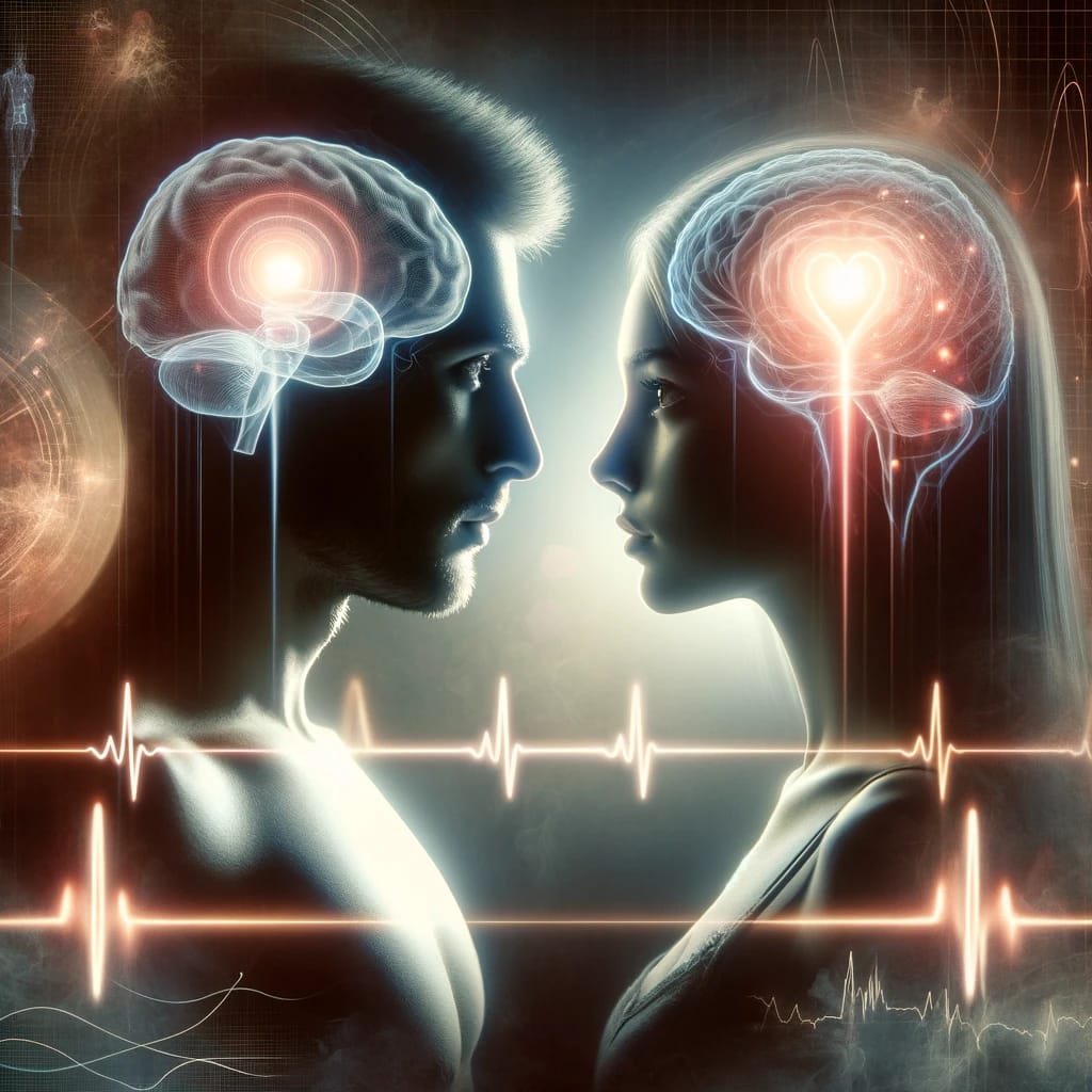 A conceptual image of a man and woman facing each other with glowing lines connecting their hearts and minds, symbolizing how to trigger the hero instinct in a man through emotional and psychological connection, with subtle scientific elements in the background.