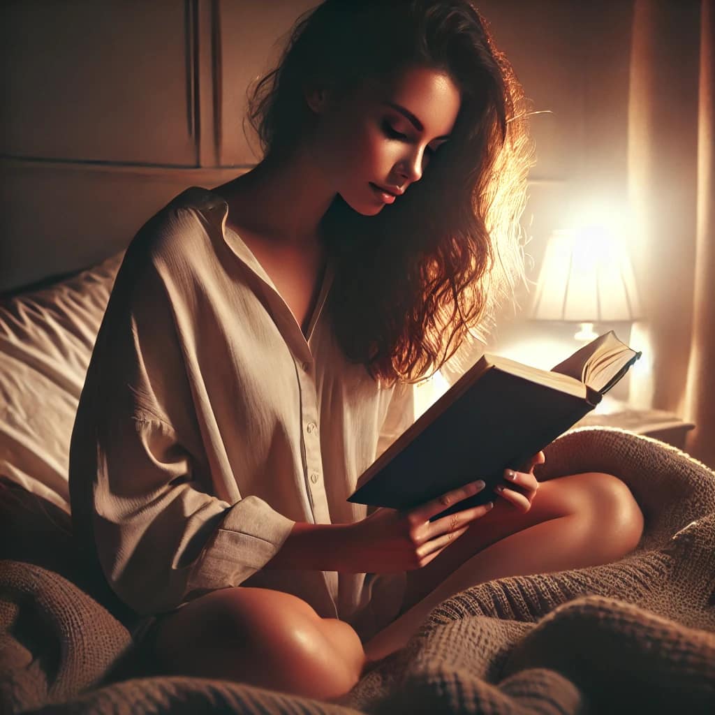 A realistic, sensual photo of a woman reading on her bed at night, softly lit by a bedside lamp. The scene captures the quiet power of feminine energy and curiosity, symbolizing how to trigger the hero instinct in a man through emotional insight and subtle transformation.