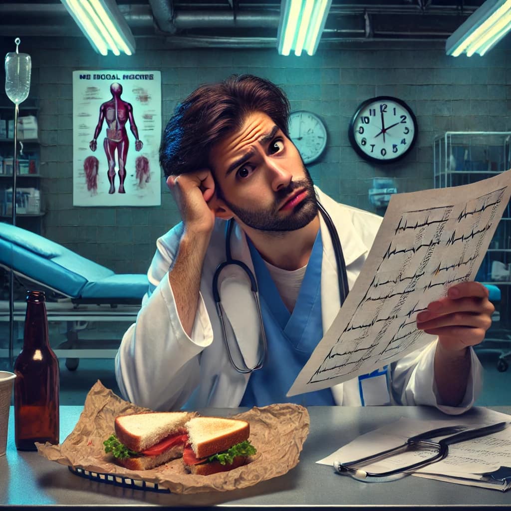 A humorous, realistic image of a tired doctor sitting in a hospital break room at night, holding a chart upside down, symbolizing doctor fatigue during long shifts.