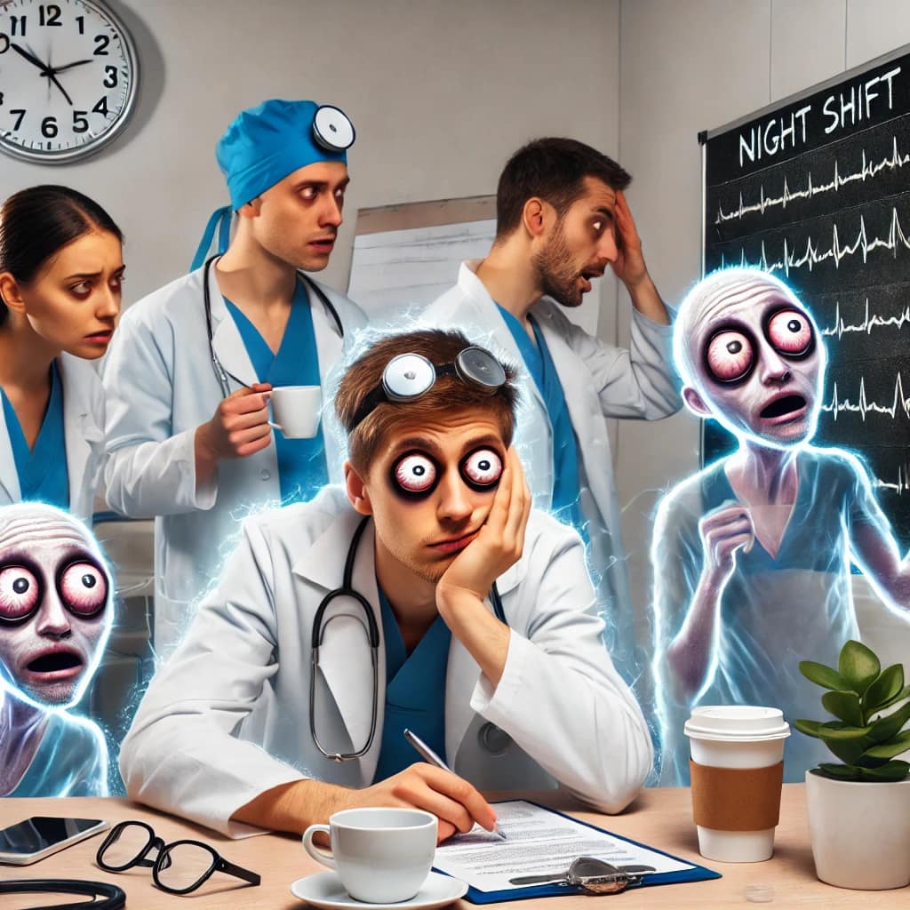 A funny, realistic hospital scene of a sleepy doctor during a night shift handover, appearing disoriented and experiencing mild hallucinations—perfectly illustrating doctor fatigue.