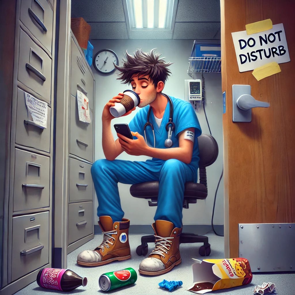 A funny and realistic hospital scene showing a night shift doctor asleep in an awkward position at a nurse’s station, surrounded by coffee cups and open charts — a perfect depiction of doctor fatigue.
