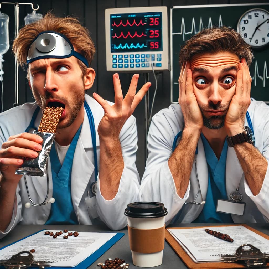 Two exhausted doctors during a night shift using funny hand gestures and eye rolls to silently communicate — a humorous portrayal of the secret language of sleep-deprived healthcare workers.