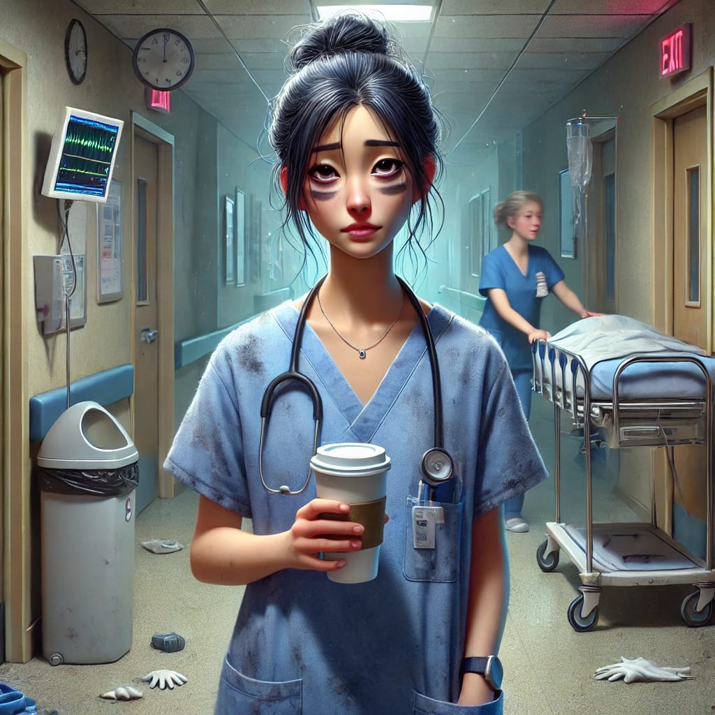 A realistic, slightly humorous image of a tired female doctor standing in a dim hospital hallway at night, holding a coffee cup, surrounded by subtle medical chaos. The scene visually represents the emotional exhaustion behind many funny medical condition names.