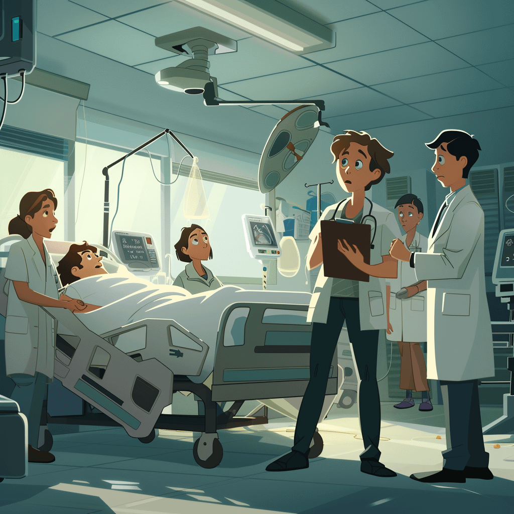 An image representing morning rounds with attending and other medical doctors expect a full knowledge of the patient, but the intern is suffering from rounding-induced amnesia which is part of our fictional funny medical condition names
