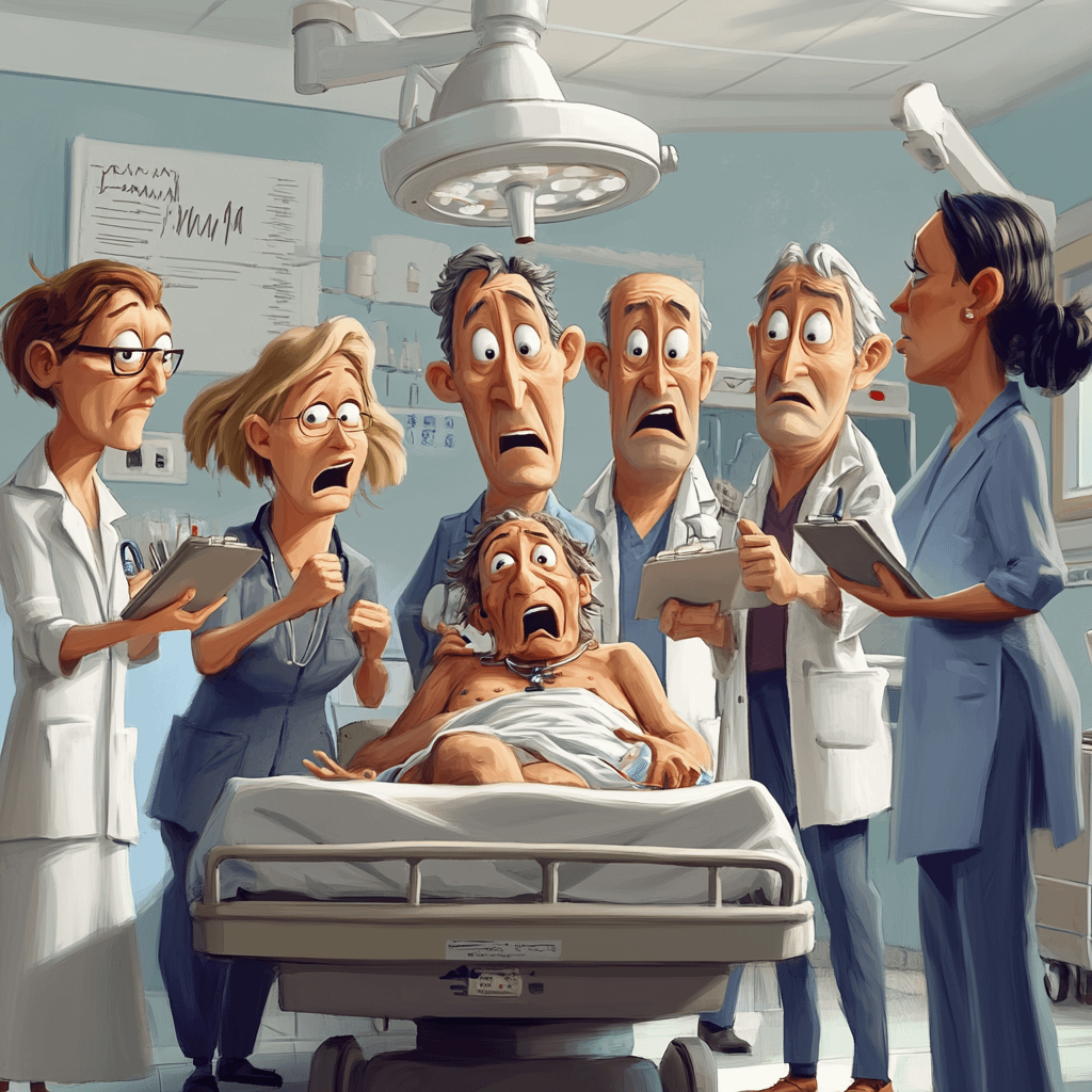 A humorous hospital scene showing a patient in bed surrounded by five different specialists—neurologist, cardiologist, dermatologist, orthopedic doctor, and infectious disease specialist—each holding a clipboard and looking confused, pointing at each other. The patient appears overwhelmed by the situation, while the chaotic atmosphere reflects the absurdity of being passed between multiple specialists with no clear plan.
