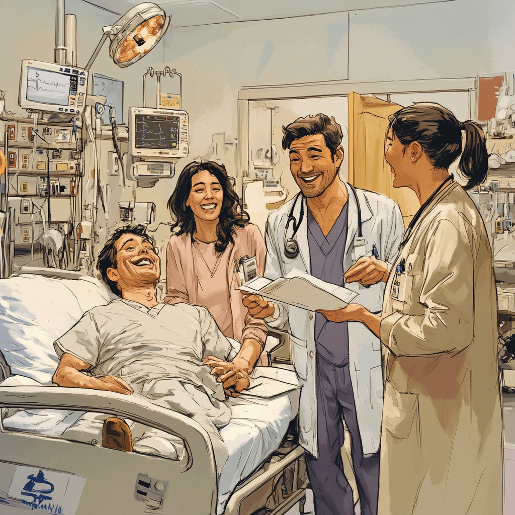 A humorous hospital scene illustrating a patient in a cluttered room, confused as a smiling doctor hands them a discharge form, despite the patient clearly not being ready to leave. A nurse in the background shakes her head in disbelief. The room is filled with medical equipment, papers, and half-finished charts, reflecting the absurdity of funny medical condition names like Dimissialis Fantastica—premature discharge planning with unrealistic optimism.