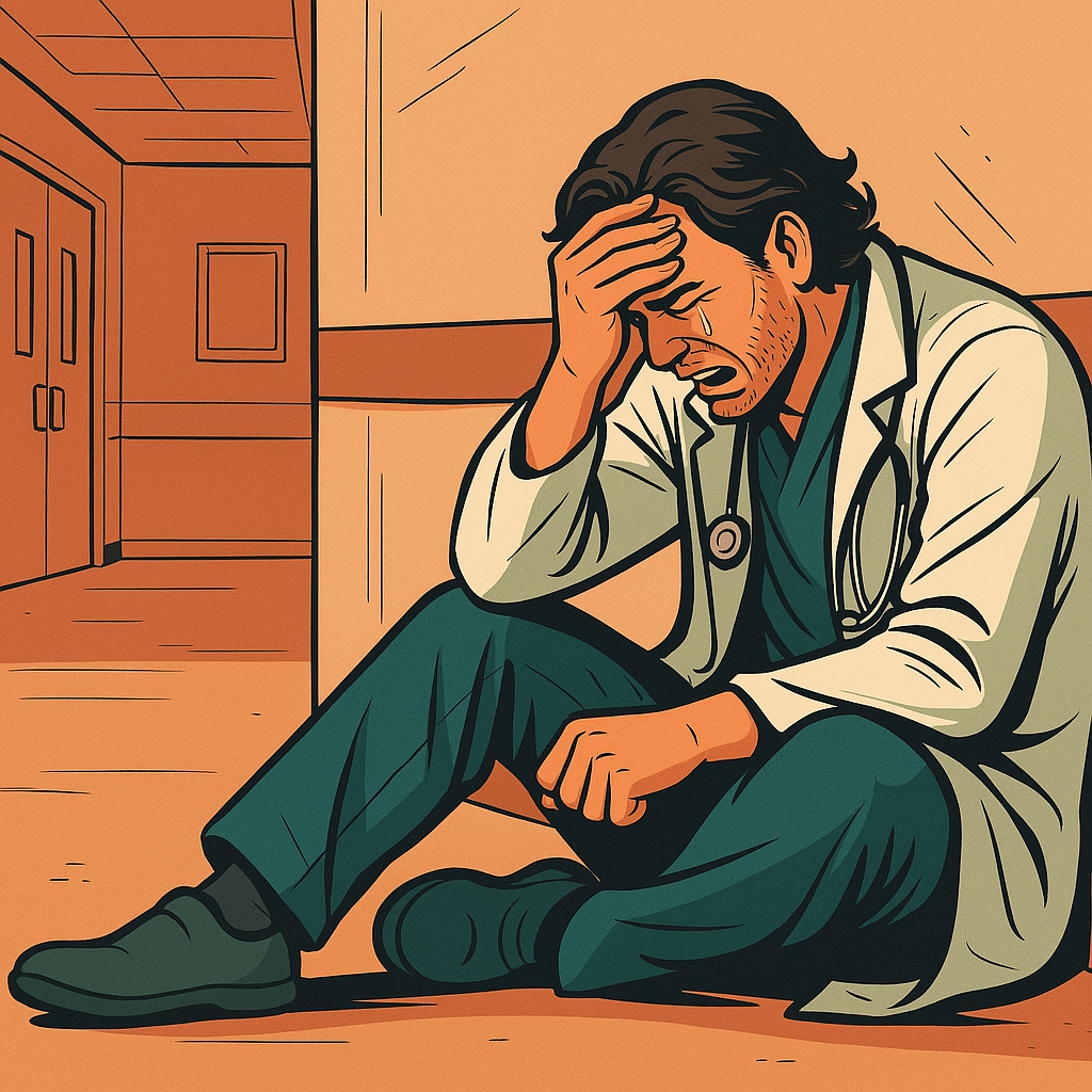 Doctor suffering from doctor burnout crying in the change room