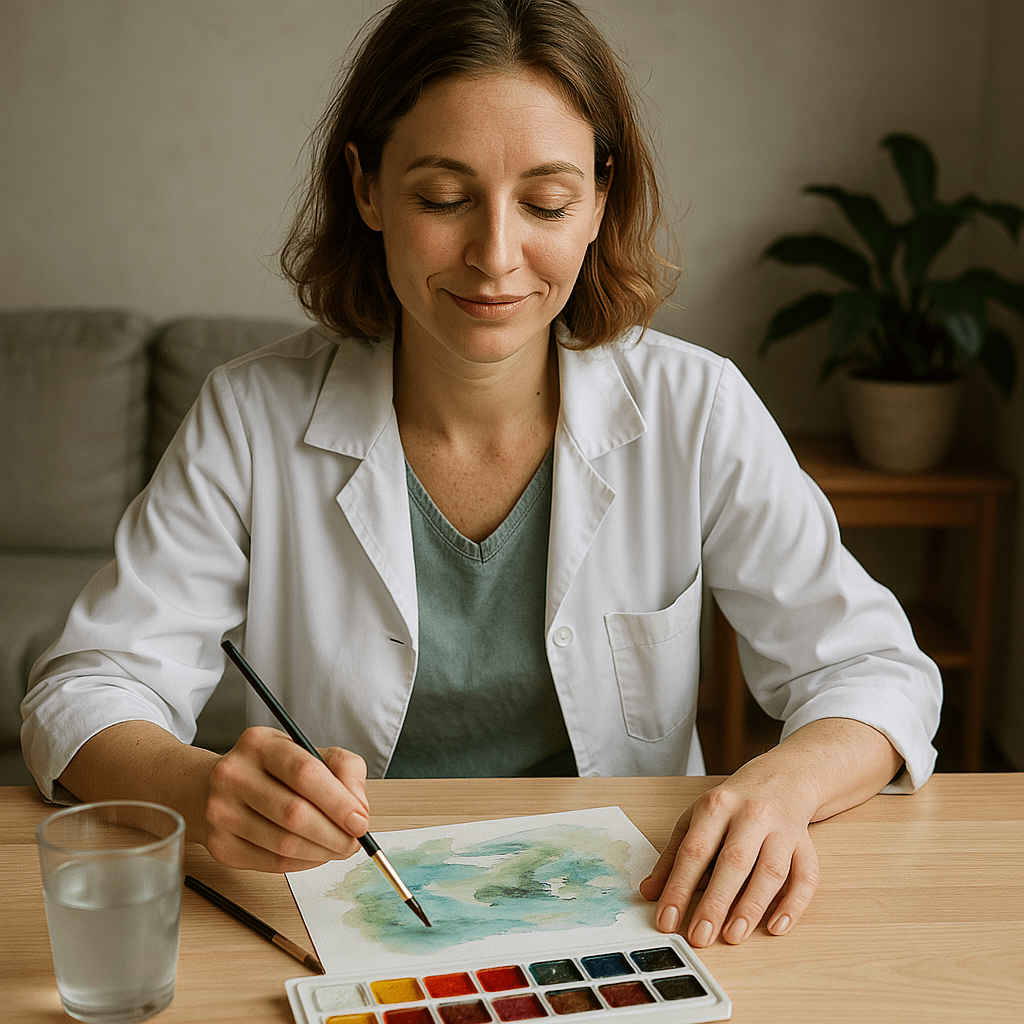 A realistic-style image of a female doctor in her early thirties, on a professional break, calmly painting at an easel in a well-lit studio. She appears focused and reflective, dressed casually, surrounded by soft natural light—symbolizing recovery, personal time, and the rediscovery of self outside of clinical life.