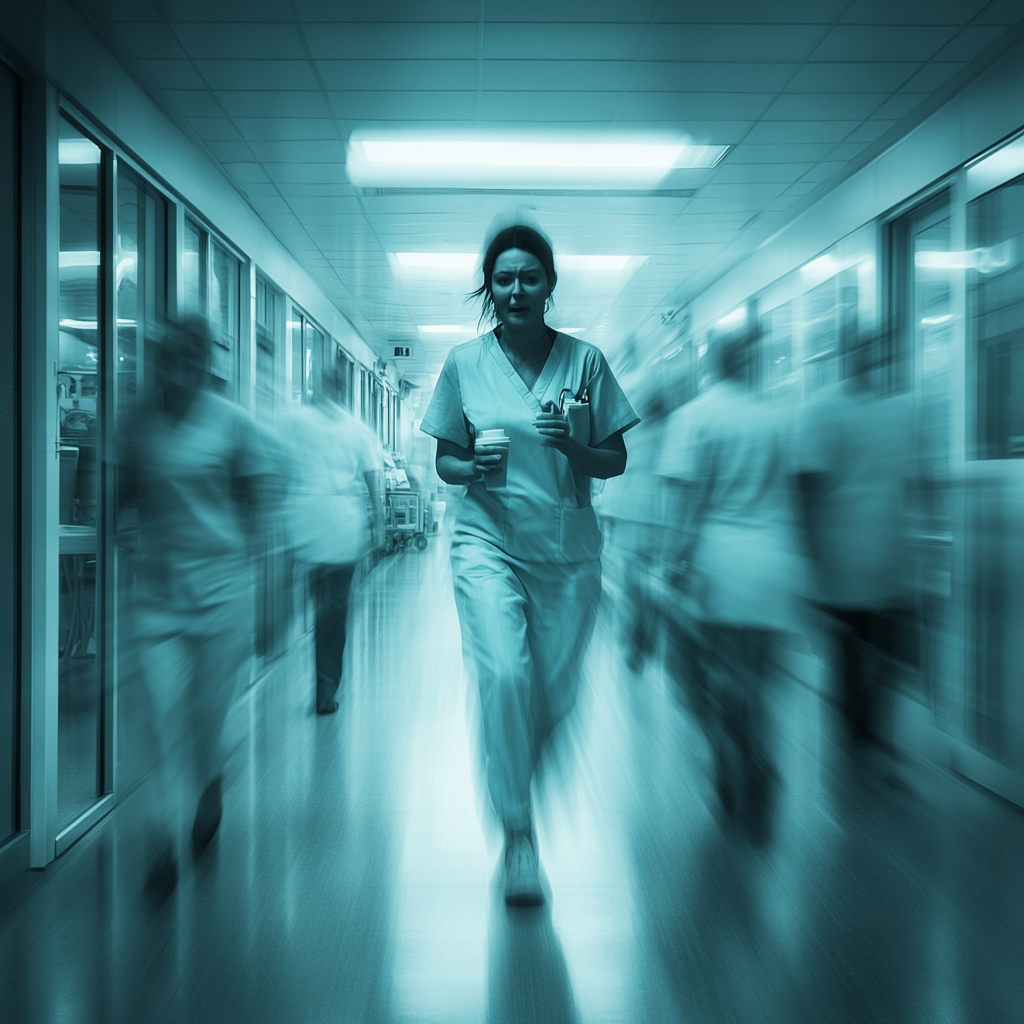 A woman in medical clothes running a night shift on coffee and sarcasm with blurred human figures surrounding her in a medical hallway