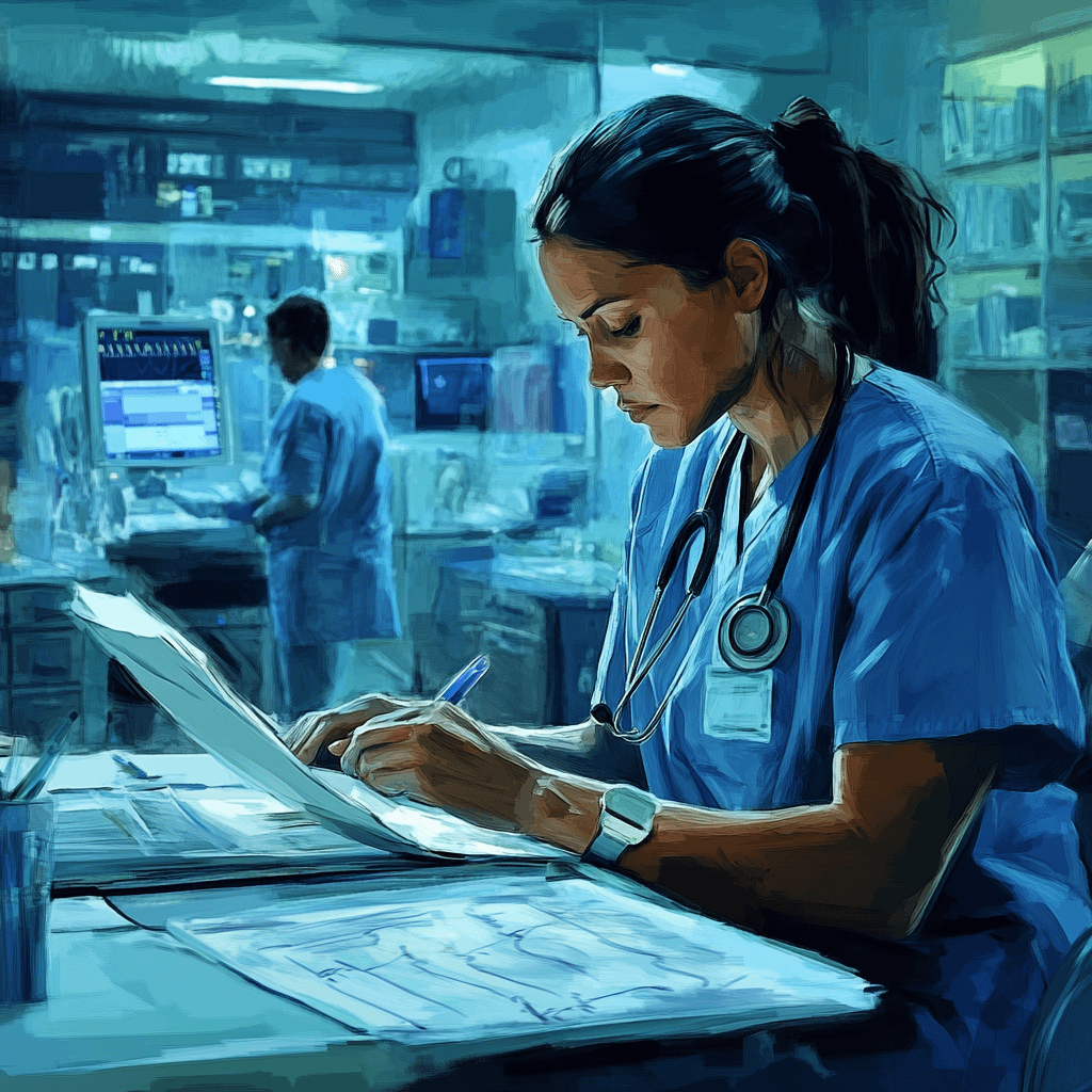 A woman in medical clothes doing charting while in the background another personel is handling a code.