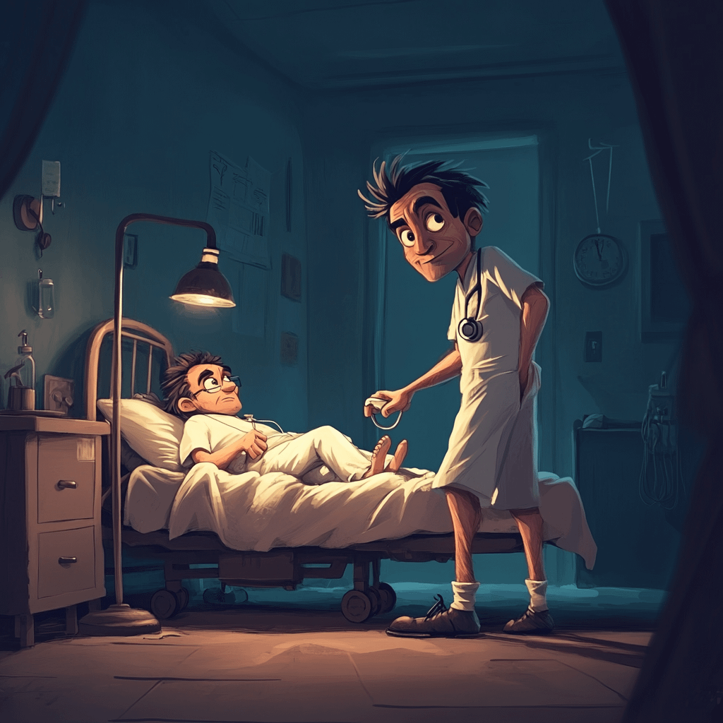 a doctor standing by a patient's bed at night shift, taking the call button because the patient is pressing it with his foot