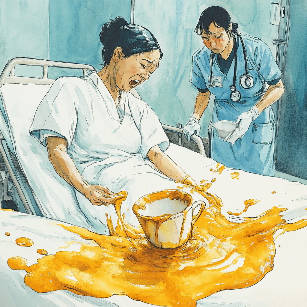 A nurse cleaning spilled cup of soup around the patient on a night shift