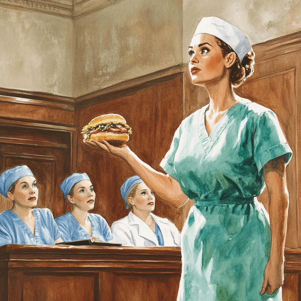 A nurse in scrubs stands in a courtroom, dramatically holding up a burger like evidence, while a panel of medical professionals watches in judgment.