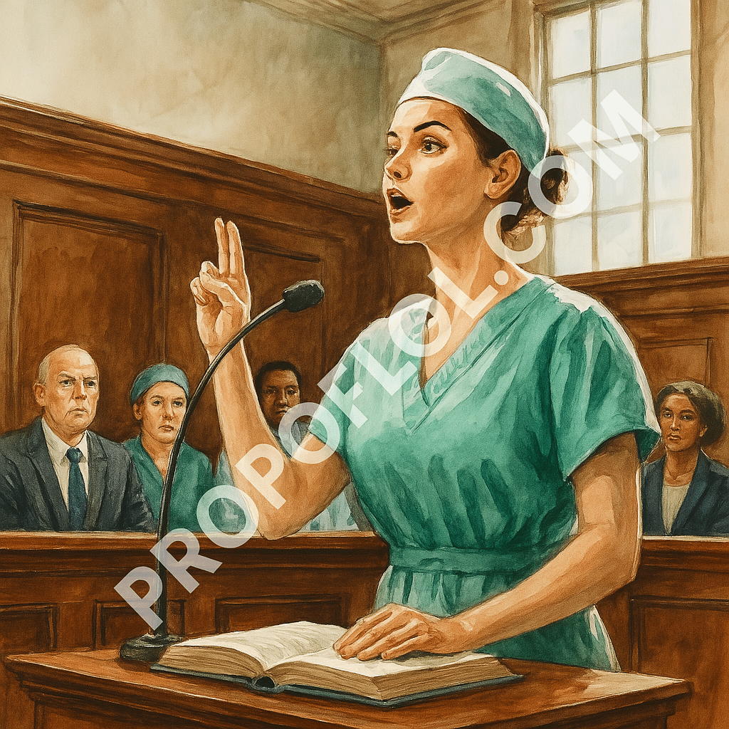 A nurse standing in a trial for eating a sandwich during lunch break