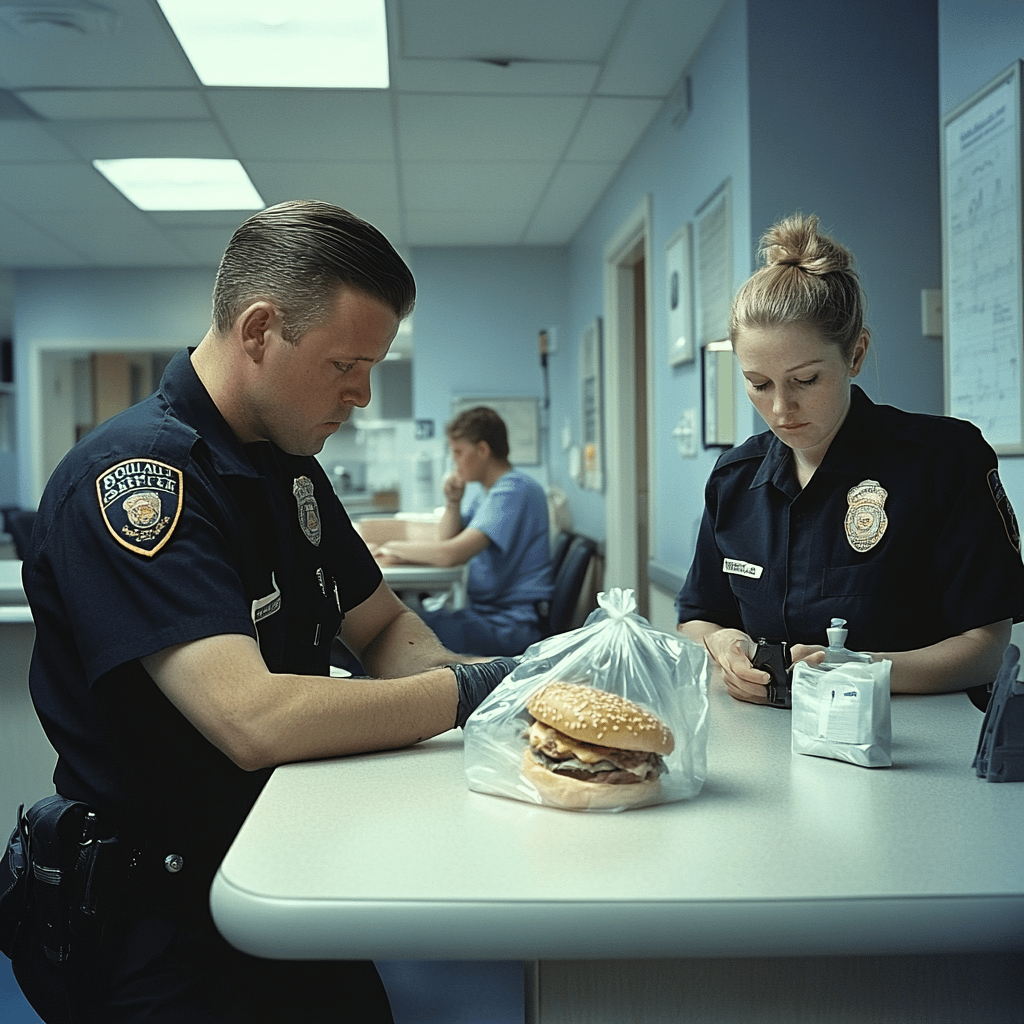 Two police officers extracting a sandwich as an evidence for taking a lunch break in a hospital
