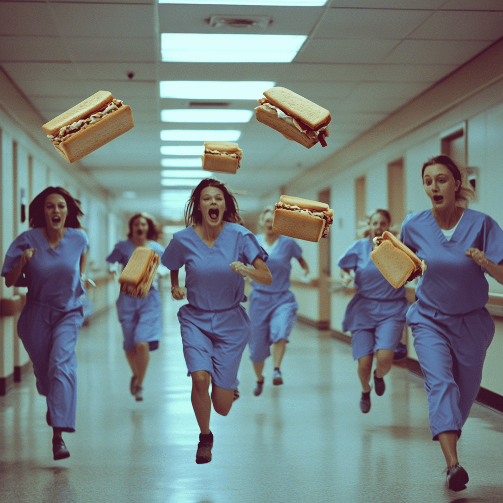A team of nurses is rushing to a patient in a medical emergency while ditching the lunch break and throwing the sandwiches behind