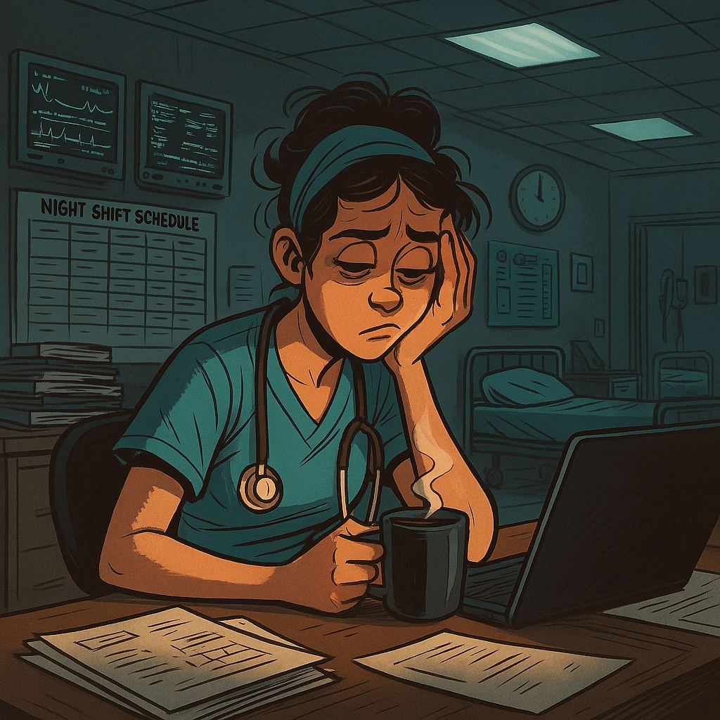 Cartoon-style digital illustration of a tired nurse preparing for a hospital night shift, highlighting the emotional toll and setting the tone for why night shift is bad for you.