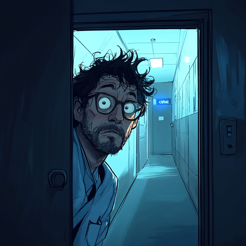 Cartoon-style digital illustration of an exhausted doctor peeking nervously into a dim hospital hallway, perfectly capturing the anxiety and surreal humor behind why night shift is bad for you.