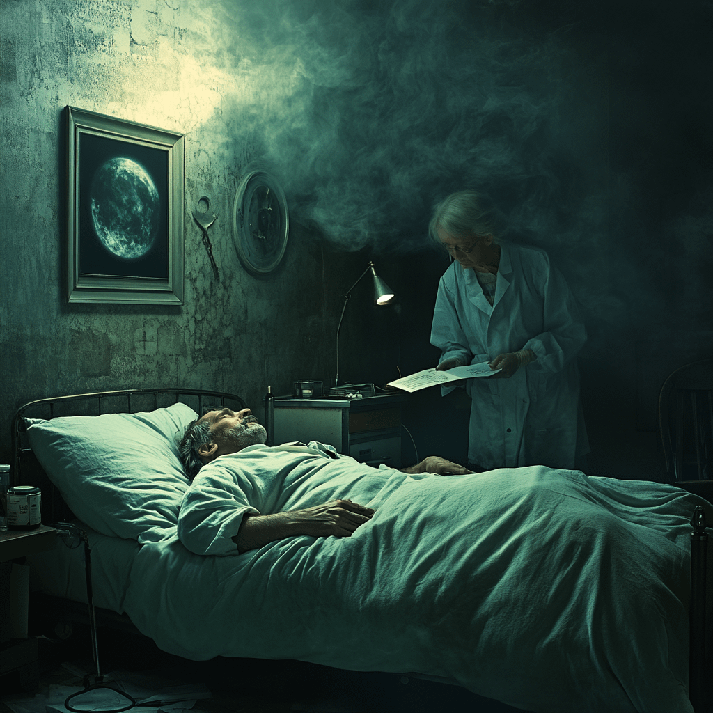 Atmospheric digital illustration of an eerie hospital night shift, with a ghostly nurse reading notes by lamplight beside a sleeping patient, perfectly evoking the surreal exhaustion of night shifts and why night shift is bad for you.