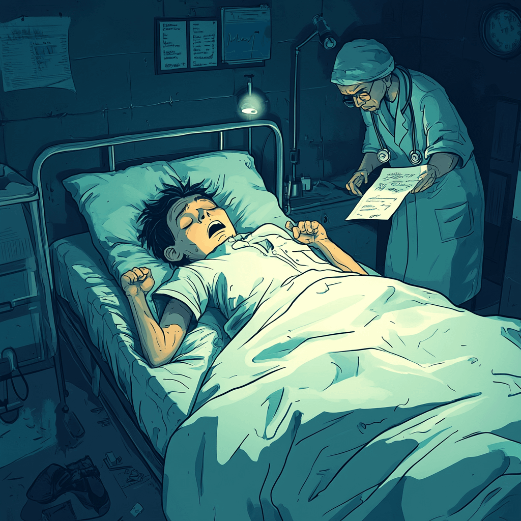 Digital cartoon illustration of a healthcare worker mid-nightmare in bed, fists clenched, as a nurse leans over with a clipboardโvisually capturing the absurdity of being asked to sign forms while dreaming during a night shift.