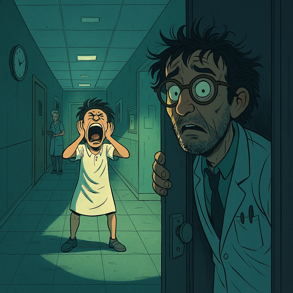 Digital cartoon-style illustration of a cheerful nurse in a hospital hallway smiling brightly, contrasting the exhaustion around herโcapturing the surreal optimism that somehow still exists during night shifts.