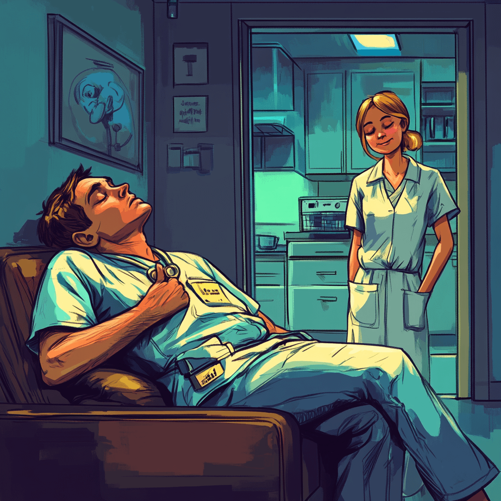 Digital cartoon-style illustration of a nurse smiling gently at a colleague sleeping in a break room chair, capturing the rare tender moments that make night shift almost bearable.
