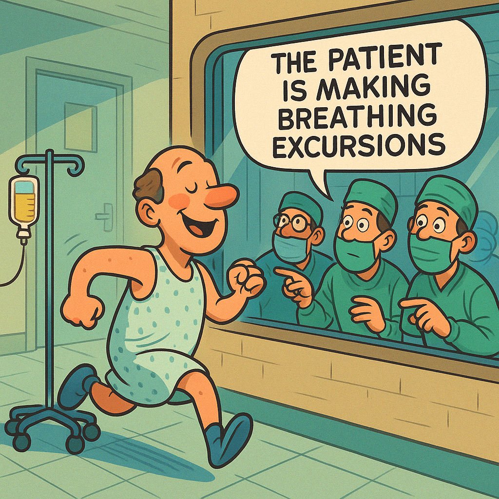 Cartoon-style illustration of a bald patient in a blue hospital gown joyfully running down a hospital corridor, smiling with eyes closed while pulling an IV stand. Behind a large observation window, three surgeons in green scrubs and masks look out in shock and amusement. A speech bubble above them reads, "THE PATIENT IS MAKING BREATHING EXCURSIONS," humorously literalizing a medical phrase.