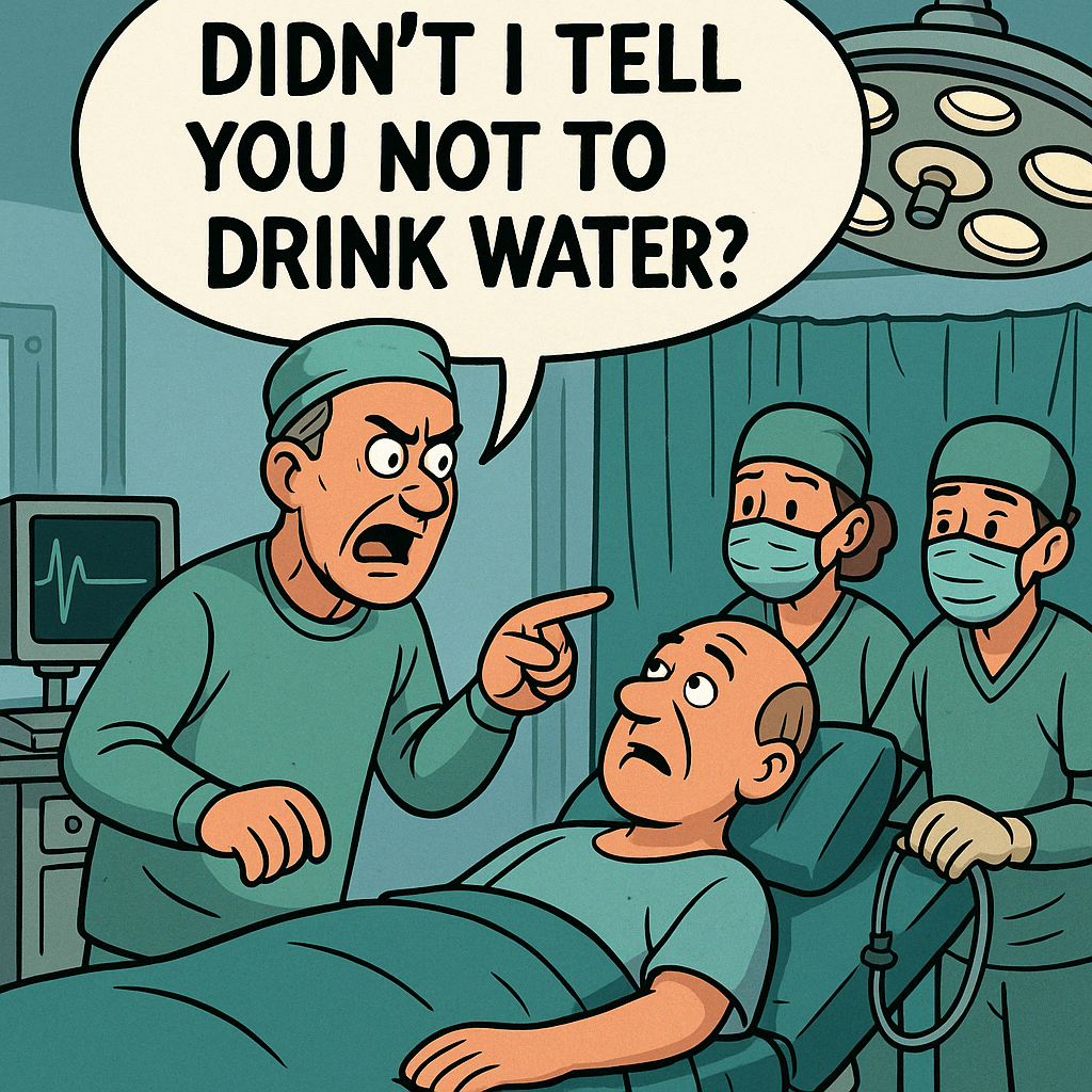 Cartoon-style illustration of a surgeon angrily pointing at a wide-eyed patient sitting upright on the operating table, exclaiming, “Didn’t I tell you not to drink water?” in bold speech bubble text. The scene takes place in a brightly lit OR, with two nurses and an anesthesiologist looking on nervously. This humorous take on surgical discipline highlights one of many exaggerated quotes about surgery.