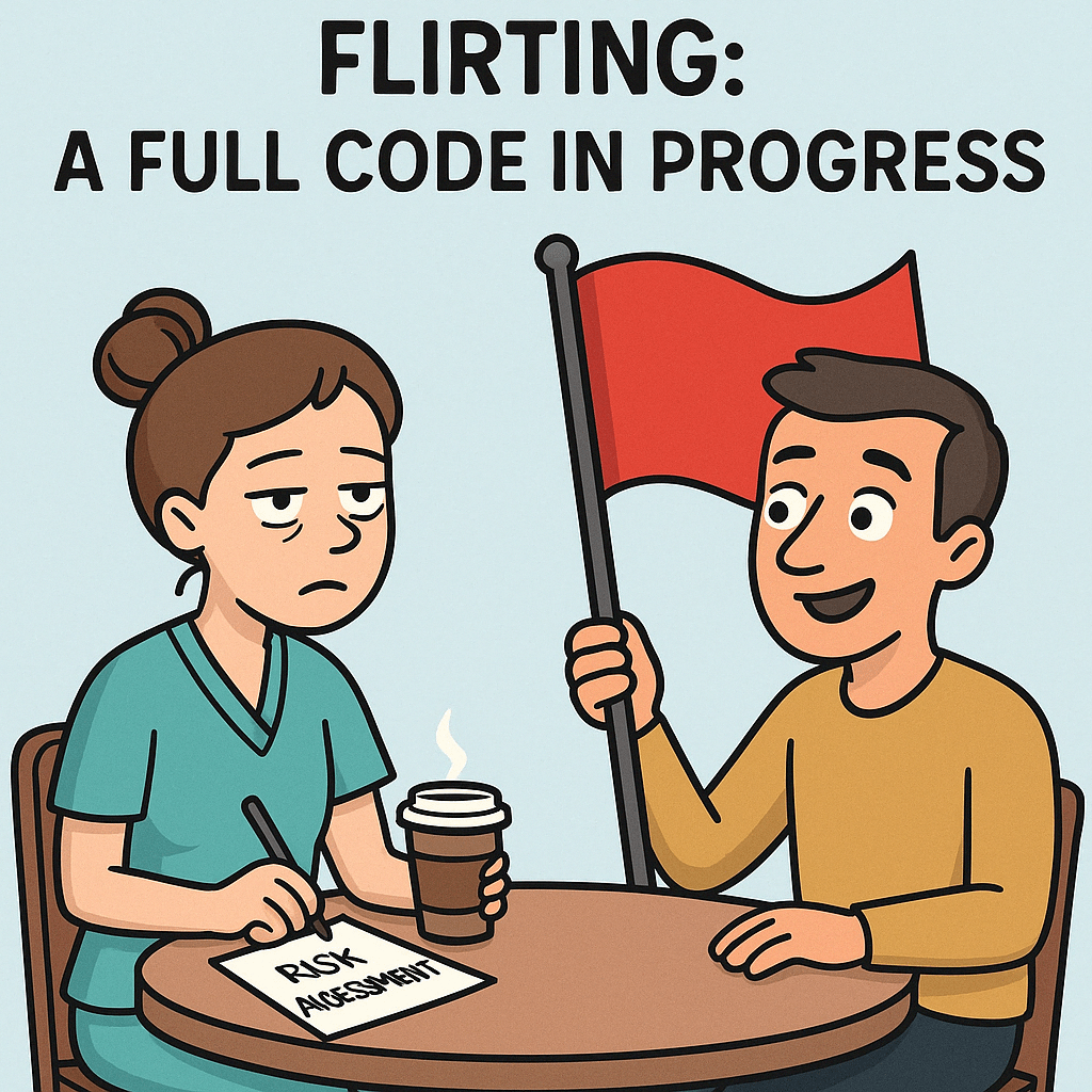 pickup lines for nurses: a nurse is handing a future admirer, holding a red flag a list of the risk assessment