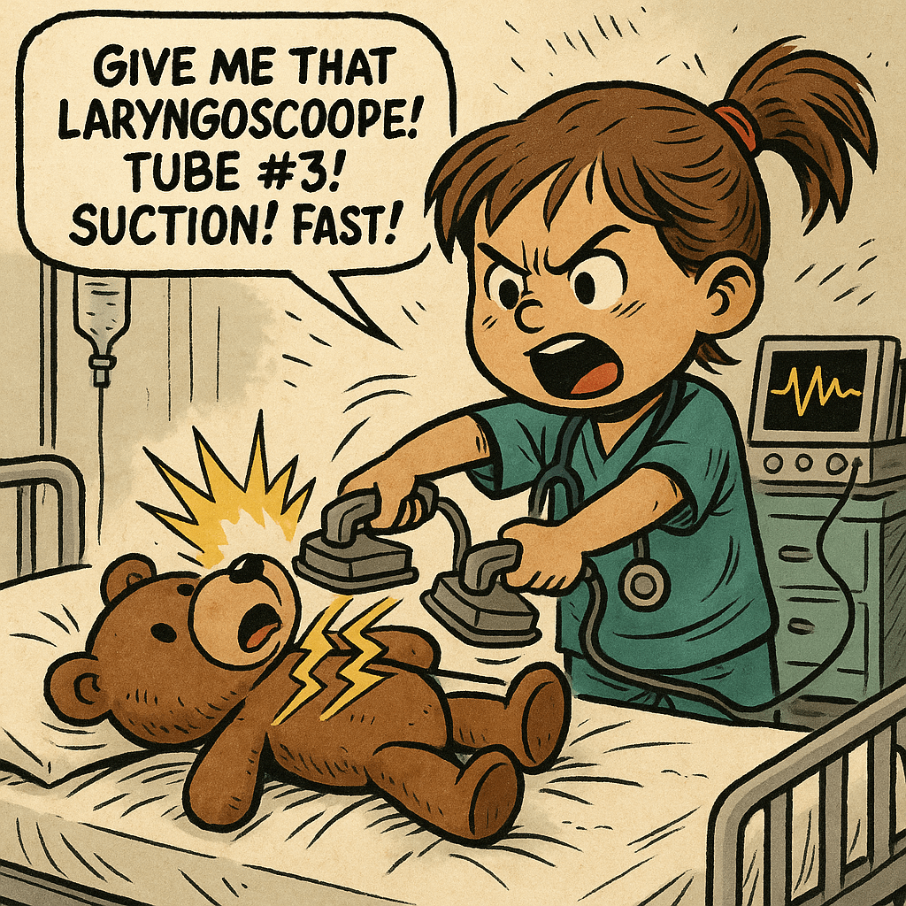Hand-drawn comic illustration of a young child in scrubs aggressively performing CPR on a teddy bear in a chaotic ICU setting, with medical staff panicking in the background.