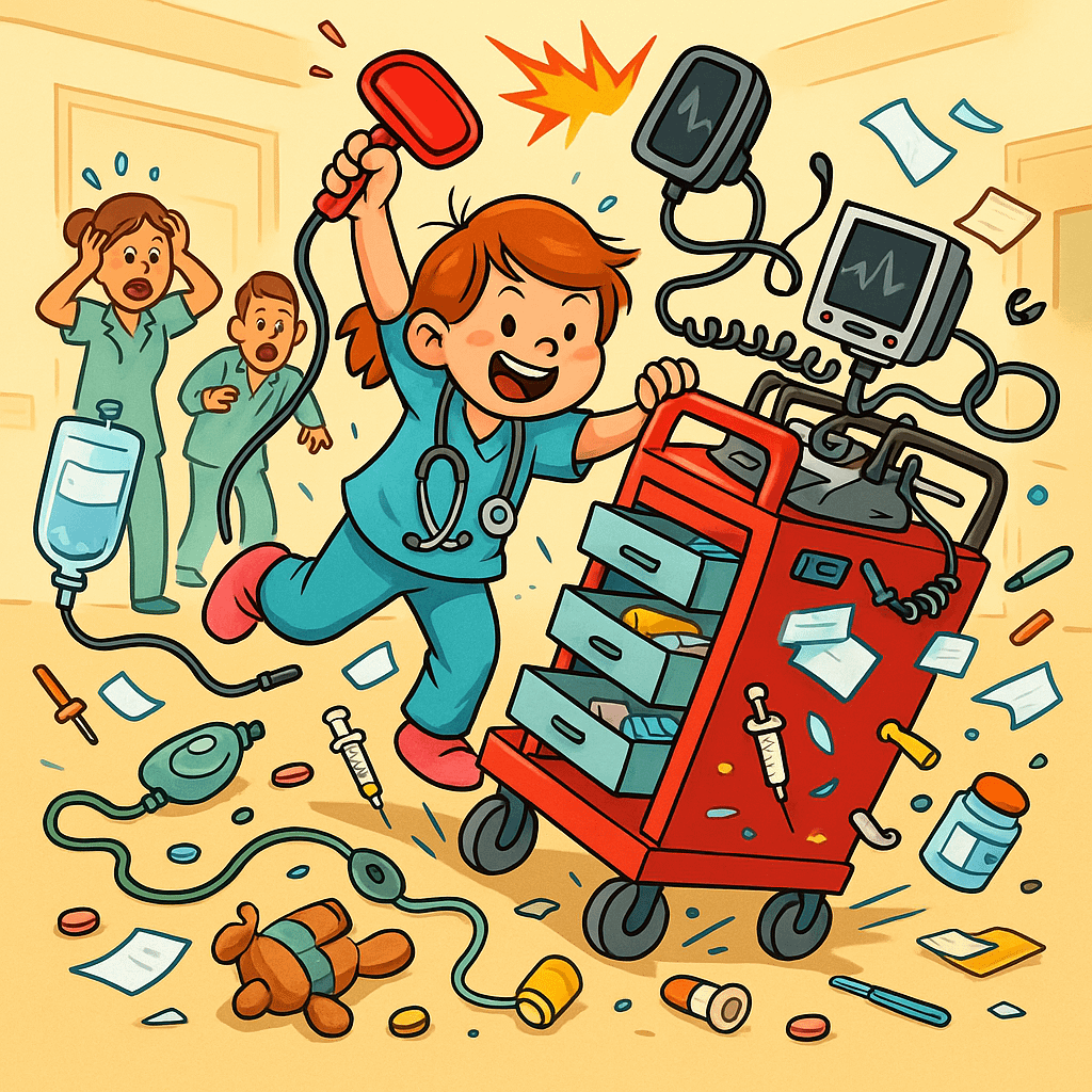 Cartoon-style illustration of a destroyed ICU crash cart with medical supplies scattered everywhere, syringes flying, and staff panicking in a colorful chaotic scene.