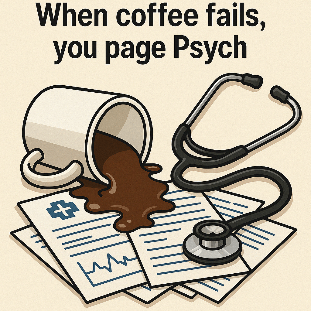 Cartoon illustration of an exhausted healthcare professional surrounded by empty coffee cups, representing early signs you might need a psych consult.