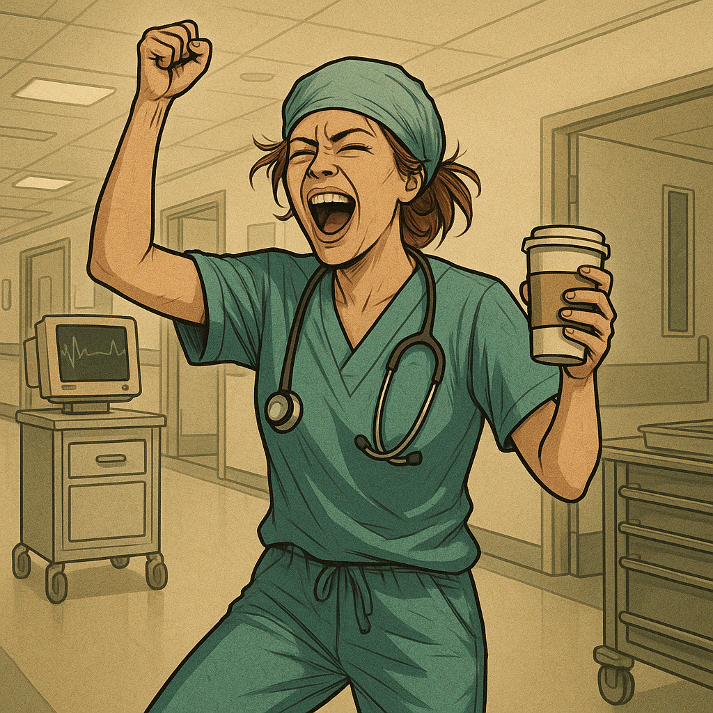 Cartoon illustration of a nurse celebrating after a canceled code blue, symbolizing emotional exhaustion and relief, representing signs you need a psych consult.