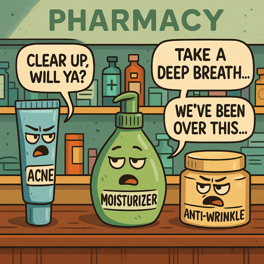 Cartoon of anthropomorphic skin care products and moisturizers staging a dramatic standoff inside a dermatology clinic. Dermatology clinic humor.