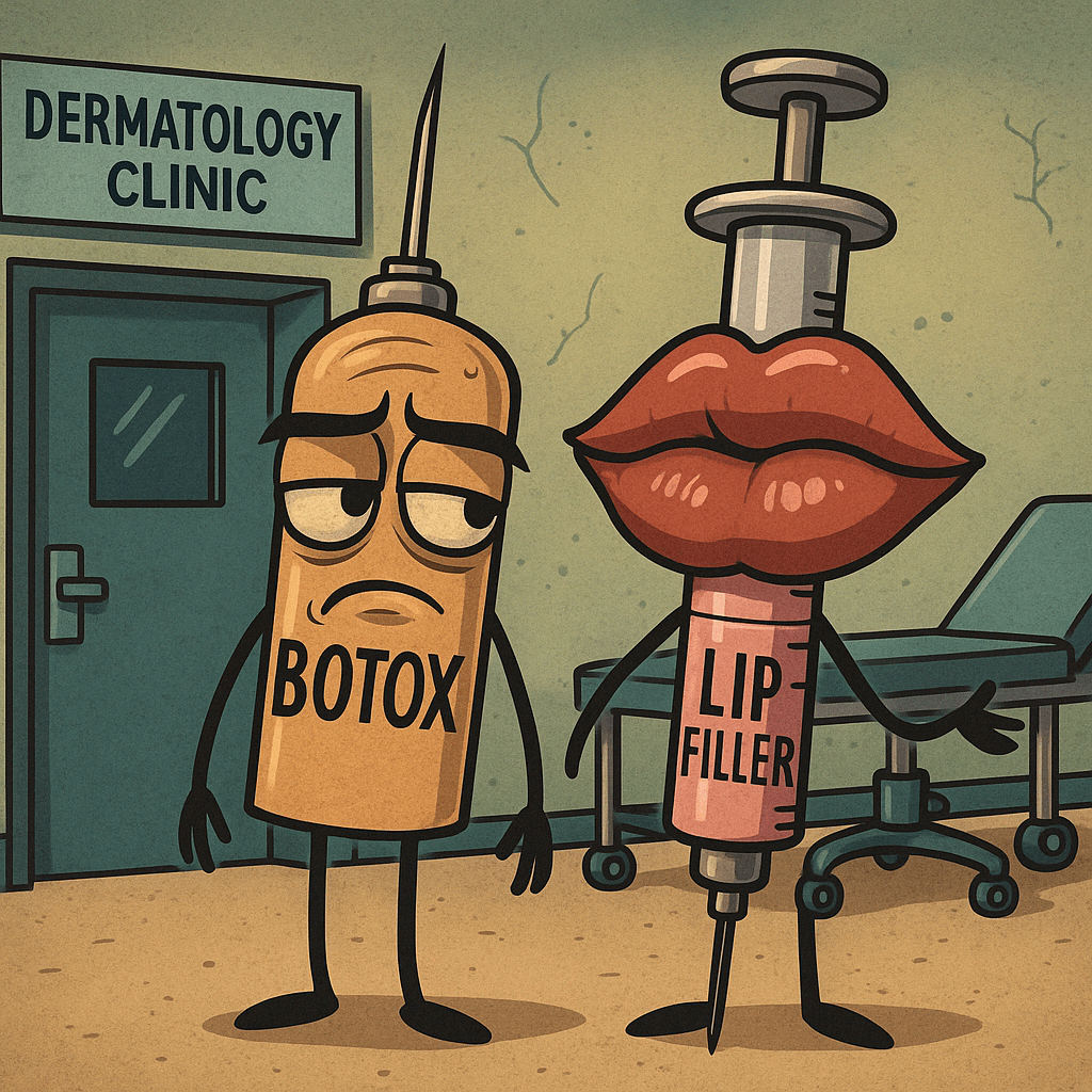 Cartoon illustration showing anthropomorphic lips and forehead with exaggerated expressions, humorously depicting the effects of Botox and fillers inside a dermatology clinic.