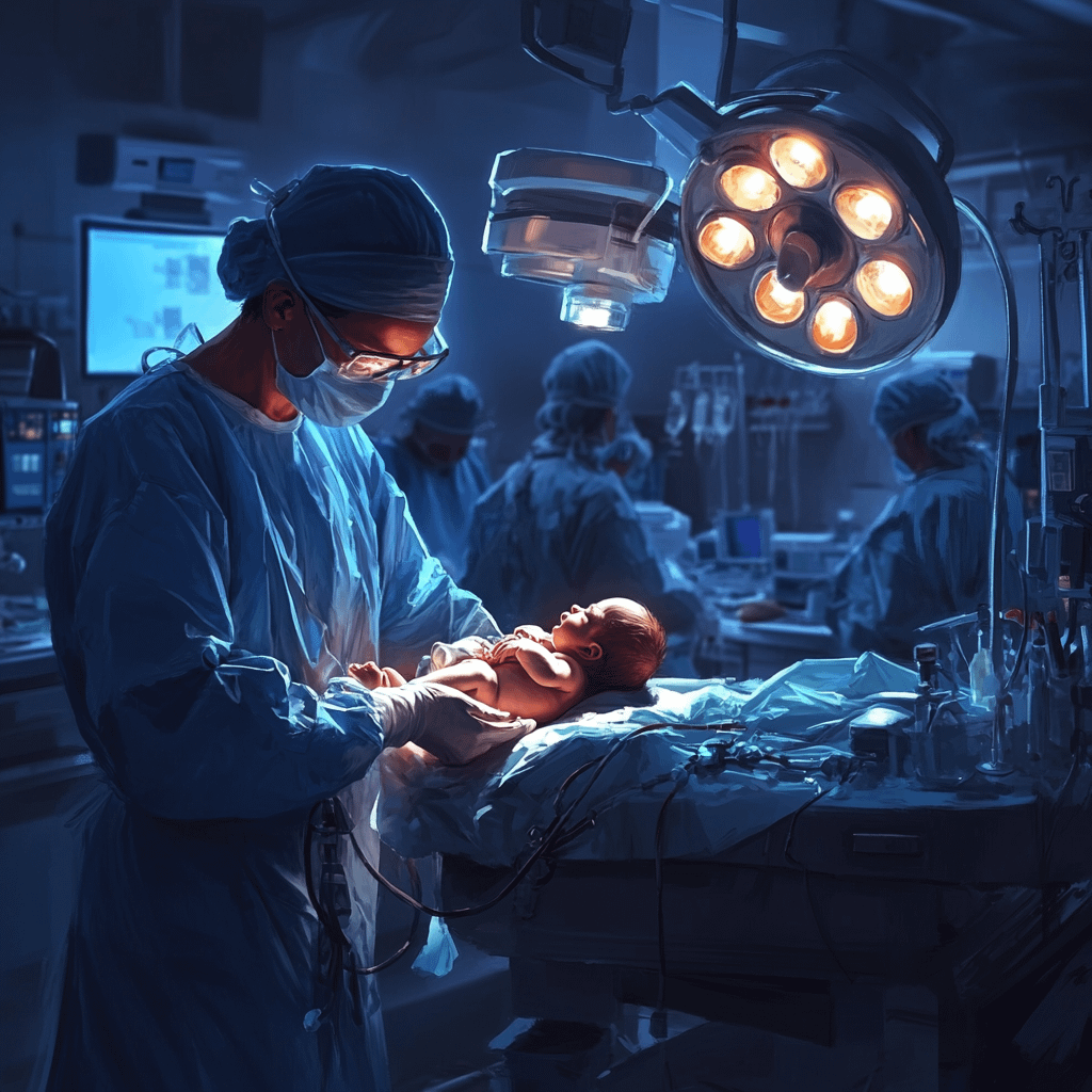 OB/GYN holding a newborn baby after being on call and performing emergency c-section