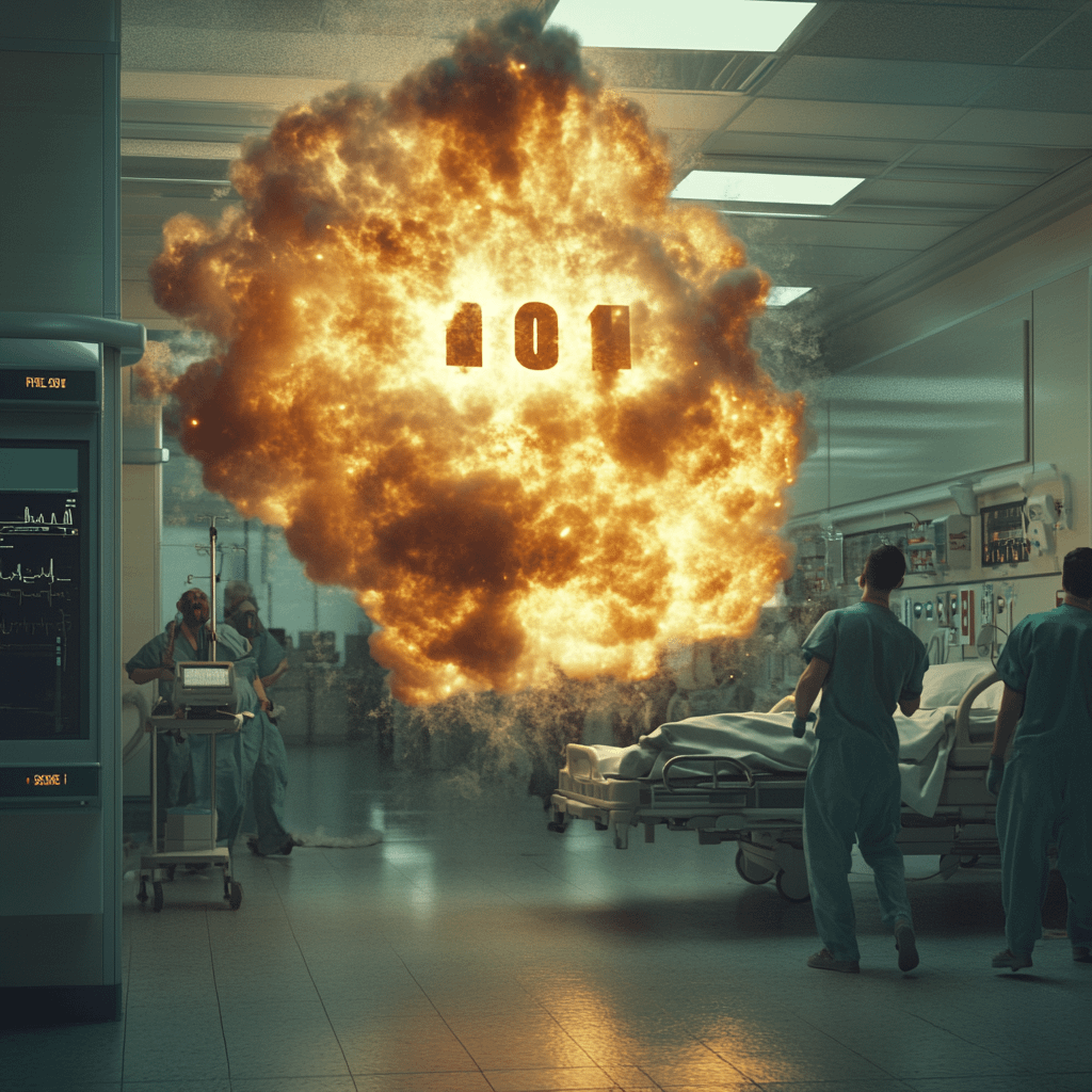 A giant 404 Error symbol exploding dramatically in a hospital emergency room, medical staff panicking, dark humor style, cinematic, semi-realistic.