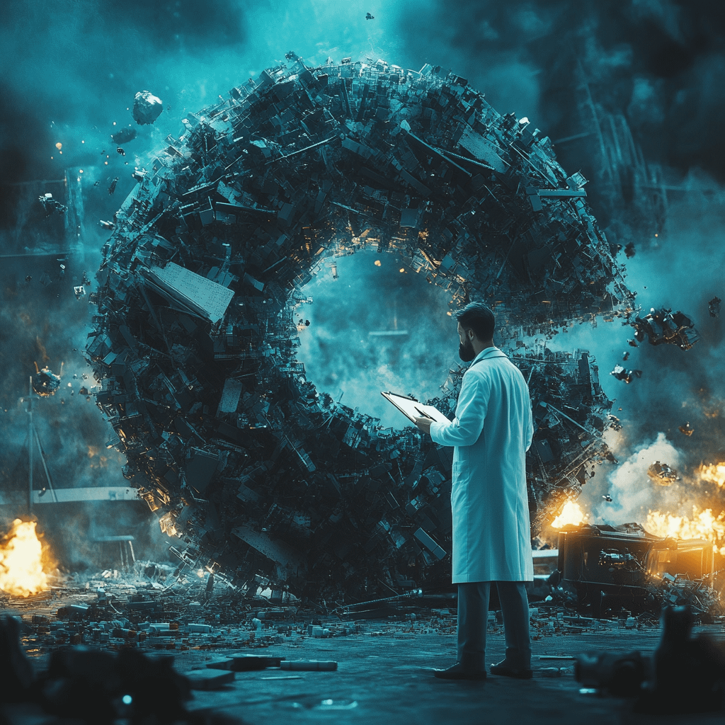 A doctor treating a giant syntax error symbol like a trauma patient, holding a medical clipboard, serious chaos in background, dark humor, cinematic style. symbol of coding for doctors