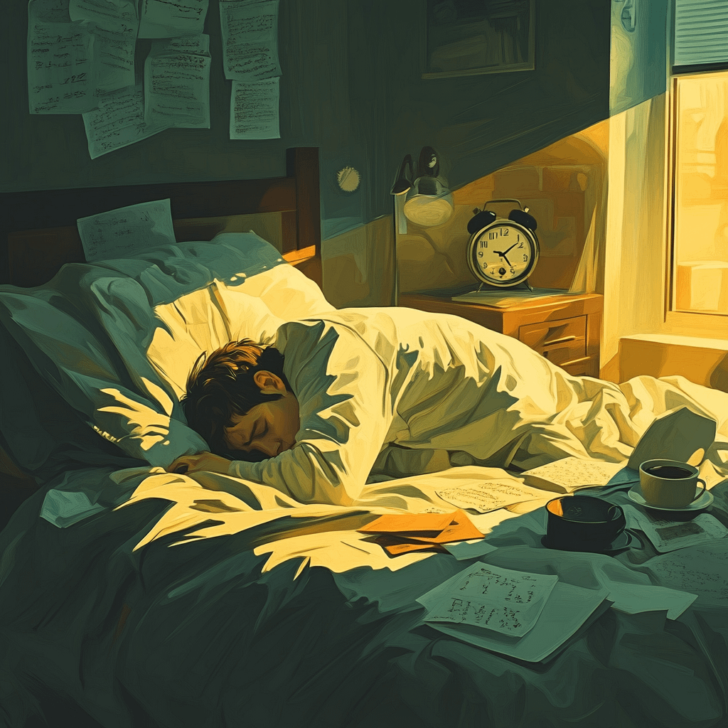 sleeping person at sunrise, coffee and notes spilled beside him, not hearing its alarm. digital painting.