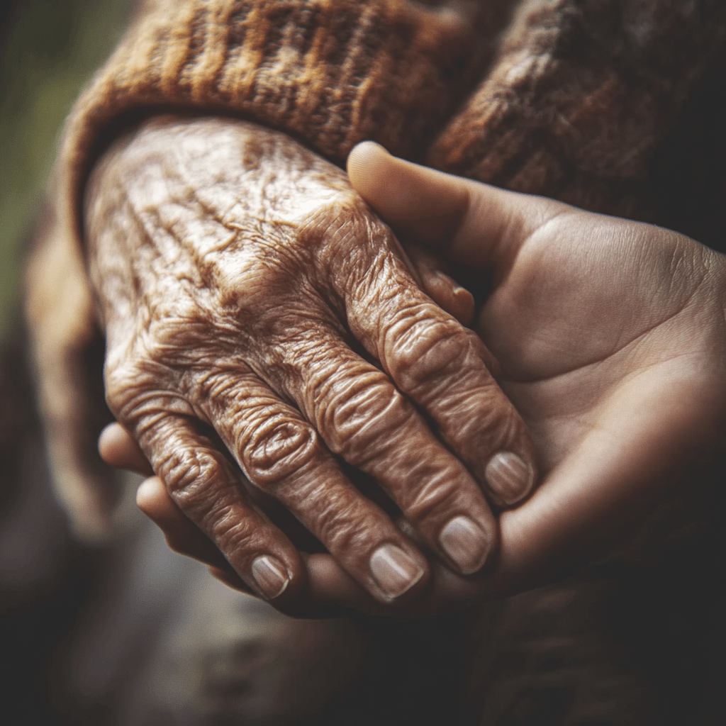 old wrinkled hands holding a younger one - of their child