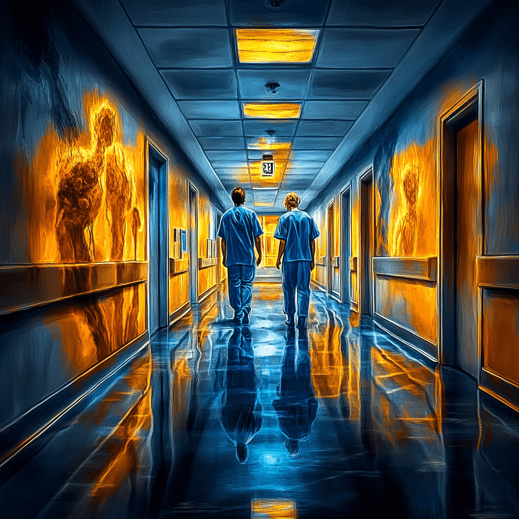 ICU doctors walking down a quiet hospital hallway, shadows and reflections evoking hidden layers—visual representation of the poem 'read you like a book'.