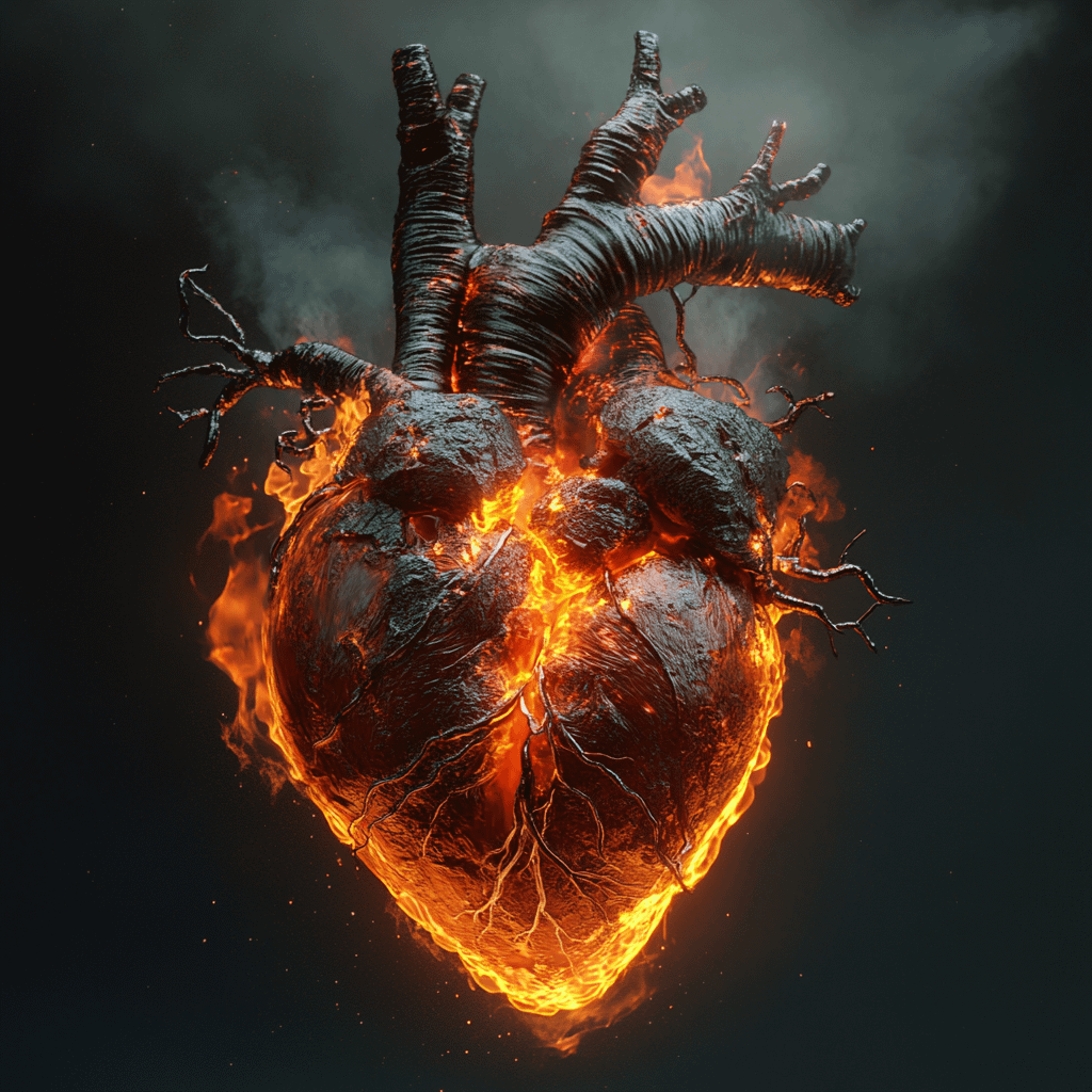 anatomical heart set on fire.
